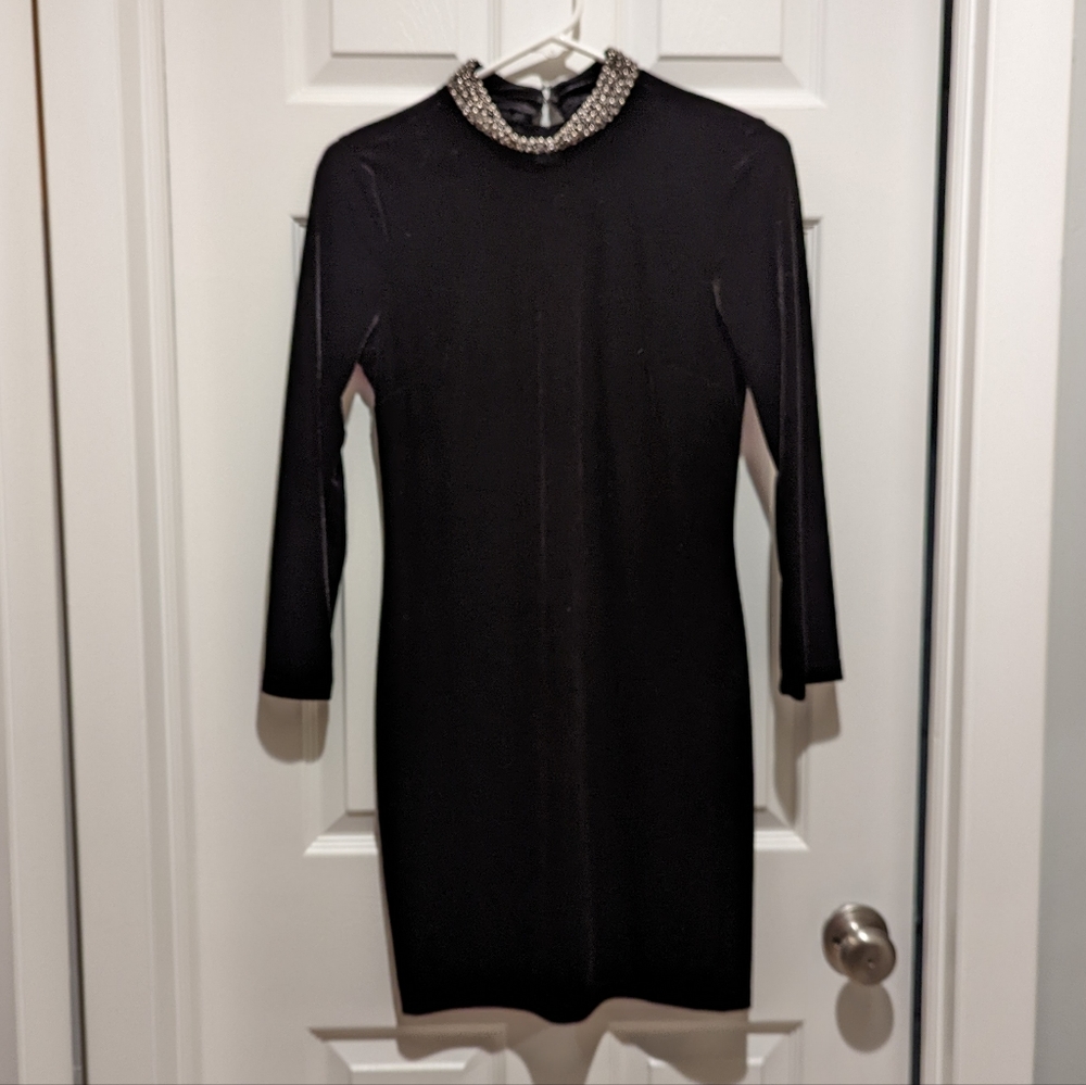 Topshop Black Long Sleeve Bodycon Dress, Velvet Look, Size 6